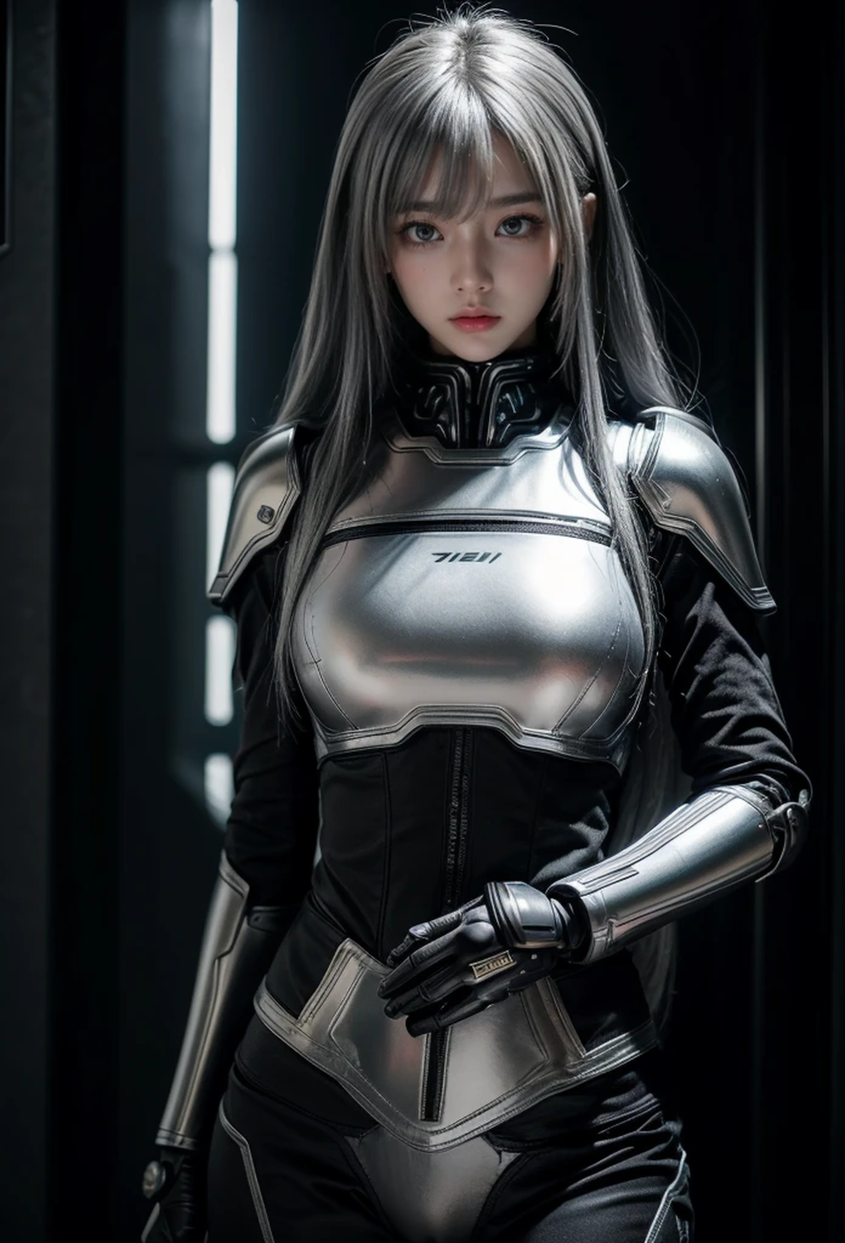 cyber angel,machine wing,{{Sci-Fi Armor}},cyber suit,cyberpunk,science fiction,cyber battle armor,Battledress,Military Uniforms,pants,black military uniform,whole body,Height: 168cm,almond shape eyes,{{{{{silver eyes}}}}},{{{{{dull bangs}}}}},(slanted eyes},{{whole body},{{{1 girl}}}, long hair, straight hair,{{{{silver hair}}}},{{{tsurime}}},30 years old,{Medium chest},{{bush}},silver eyes,{{{masterpiece}}}, {{{highest quality}}}, {{Super detailed}}, {shape}, {{very delicate and beautiful}},very detailed,detailed perfect,detailed hyper,Abundant thighs,big ass,black clothes