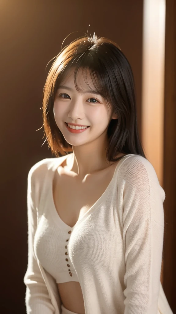 30-year-old woman, Chest Shot, Iris, Black Hair, Warm Background, Grin