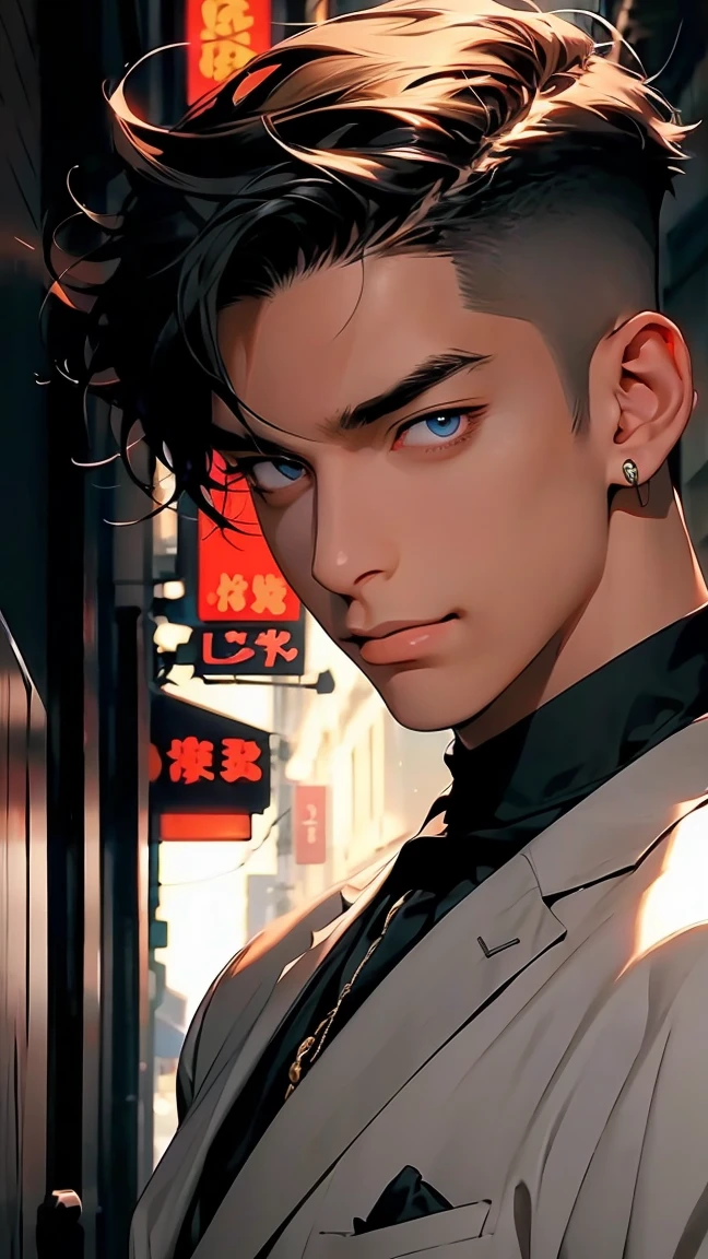 highest quality, 8K, high resolution image, anime style Jujutsu Kaisen, detailed strokes, slightly tanned skin, blurry, smile, purple light reflecting from it, (close angle), 1 man, young, male, model, cool guy, muscular, blue Eyes, brown very short hair, brown hair, short hair, hairstyle: undercut, hair slicked back, swollen chest, he is wearing a T-shirt under a suit jacket and sweatpants, hand in trouser pocket, gold link chain, background: city, Tokyo, business district