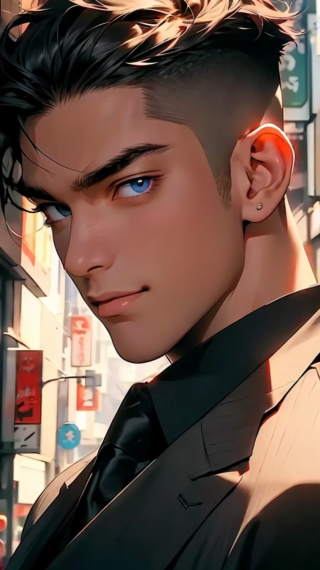 highest quality, 8K, high resolution image, anime style Jujutsu Kaisen, detailed strokes, slightly tanned skin, blurry, smile, purple light reflecting from it, (close angle), 1 man, young, male, model, cool guy, muscular, blue Eyes, brown very short hair, brown hair, short hair, hairstyle: undercut, hair slicked back, swollen chest, he is wearing a T-shirt under a suit jacket and sweatpants, hand in trouser pocket, gold link chain, background: city, Tokyo, business district