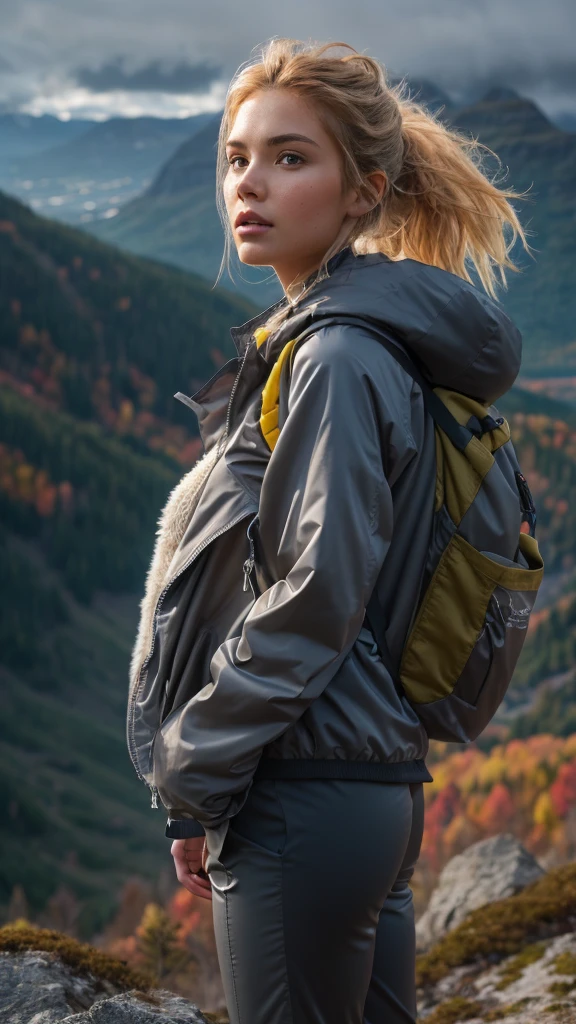 Naturescape photography; mountain climbing; Full body view; (1woman:0.5, solo), (slender body), (Small breasts) , (soaking wet red wind jacket ,tight cargo satin Pants, terrain running shoes, big rucksack), standing on a mountain peak, Rough track, boulders , (long yellow hair), (nordic girl, 15-year-old, ultra delicate face, ultra Beautiful face, ultra delicate eyes, ultra detailed nose, ultra detailed mouth, ultra detailed facial features, natural skin, blemishes, blue eyes), (breasts are small: 0.5) (face is shiny:0.8), (natural skin:1 m, (Spectacular autumn rain, mountain views, with rugged Norwegian mountain ranges in the distance ), (Highest Quality, hyper-realistic:1.3, Super dense, very detailed illustration, Best image quality, very detailed illustration) natural skin, blemishes, detail skin texture, full body pose, natural skin poors, (((shot straight from the behind ))) she is uncomfortable and cold, afraid, sexy Ass, candid Ass,