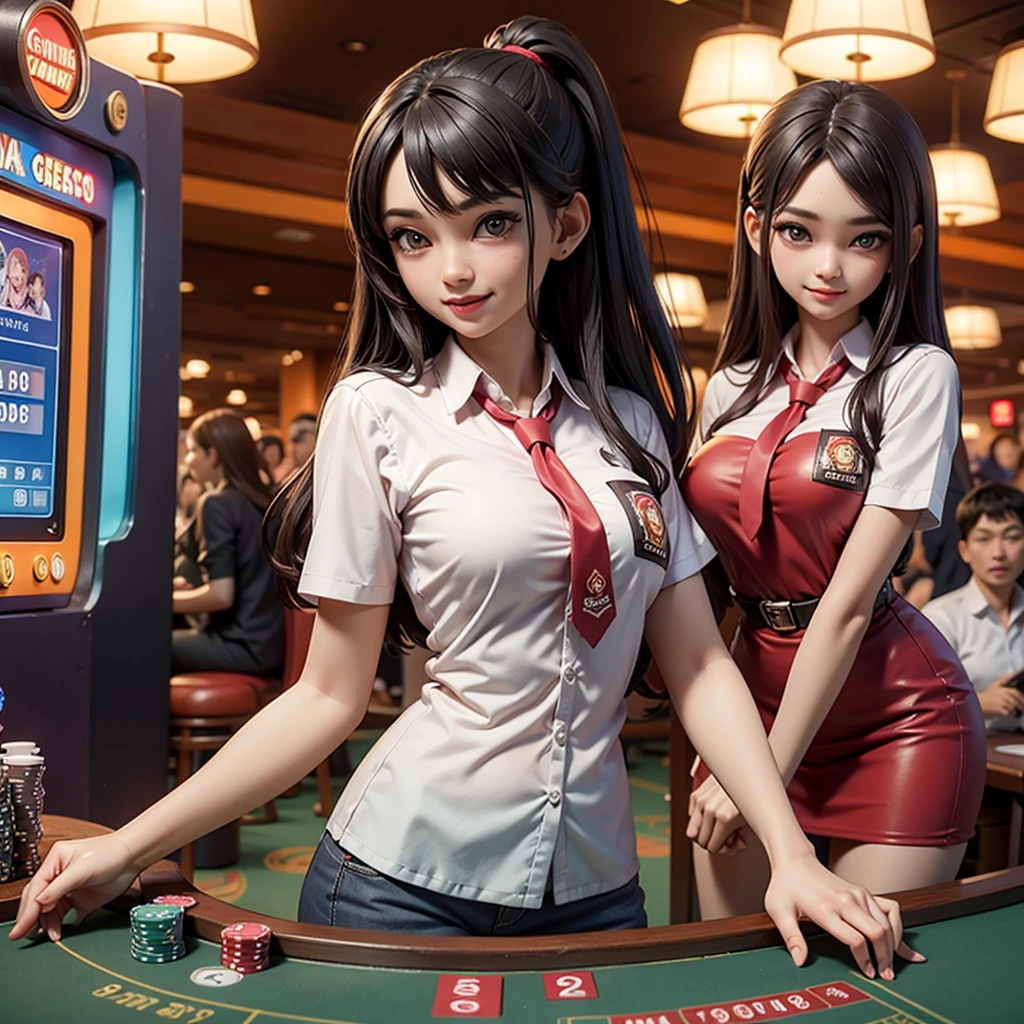 ((best quality)), ((masterpiece)), (detailed), happy and smile, {{indonesian girl}}, {wearing high school uniform}, teasing and waiting customer play, standing, playing in casino, red casino background, polite and kind, Sweet Face, roulette table, poker table, big slot machines right and left, win jackpot, {{no headwear, no hat}}, private casino, crowded gambling area in background, so crowded, so many people, las vegas, american, illusions, halloween casino, dont wear hat, no headwear, no hat, together with thailand and vietnam girl, 