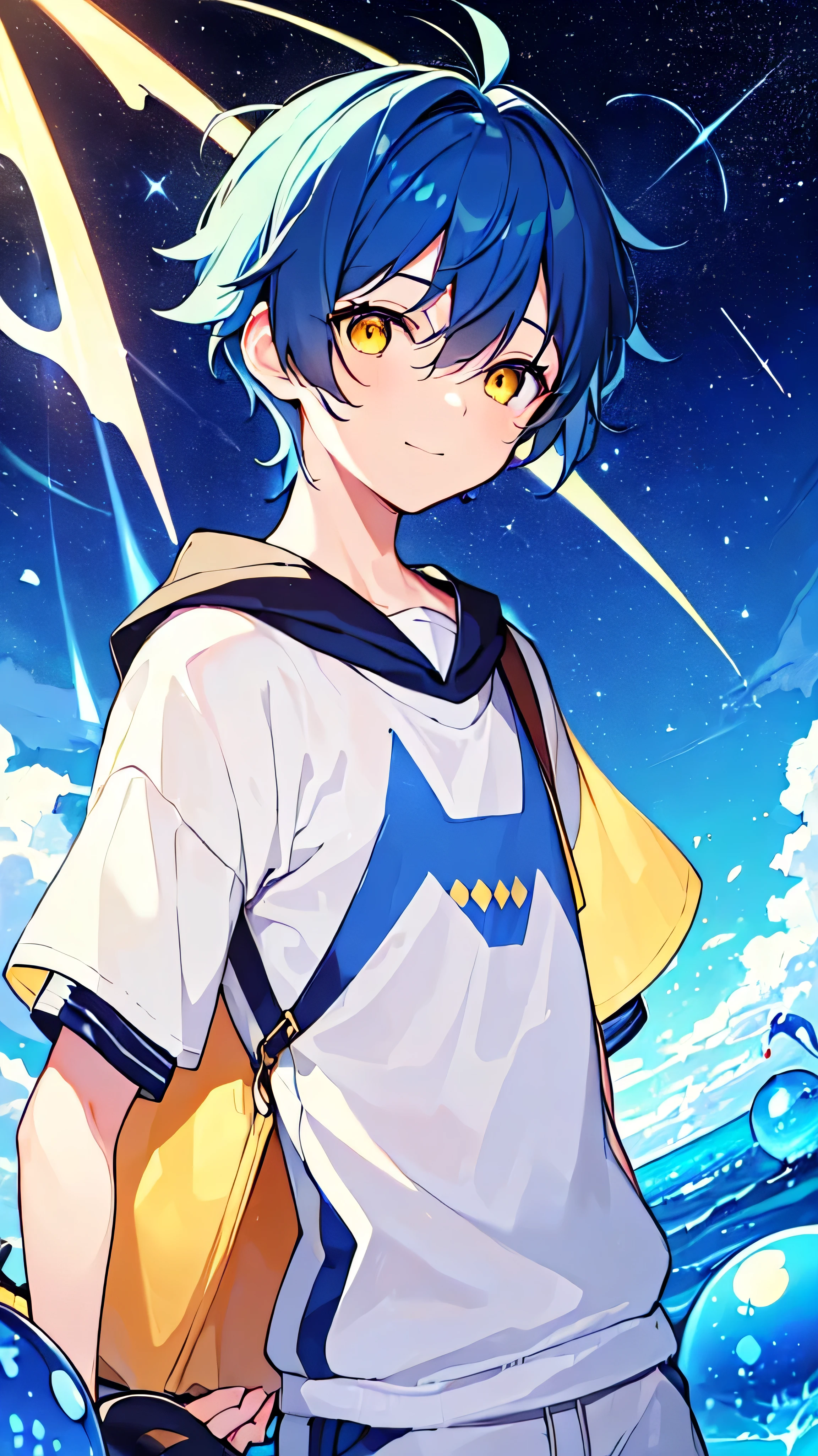 [(GALAXY BACKGROUND:1.5),::5], ((((masterpiece)))), high quality, very_high_resolution, large_filesize, upper body, full color, ((Solo)), ((little boy)), 13 old year, men's short deepblue hair, vivid color, ((yellow eye)), Summer clothes white, animestyle, light smile, shooting star, ((SODA EFFECT:1.3))
