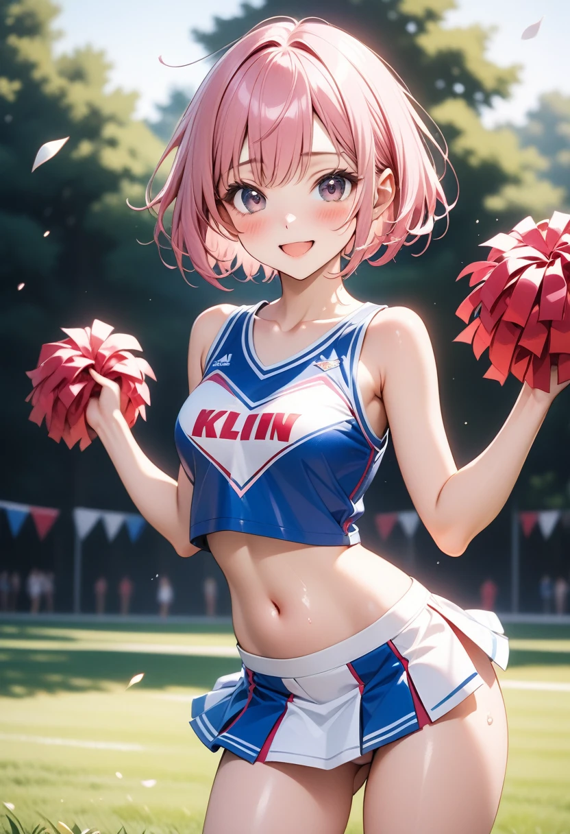 ((cheerleader)), ((The costume is very shiny)), skinny, solo, 1 woman, Masterpiece, highest quality, highest quality, 16K, incredibly absurd, highly detailed, 2.5D, ai-generated, delicate and dynamic, very delicate facial expressions, delicate eye depiction, erotic, only sexy woman, ((A cute and kind face)), healthy figure, ((25-year-old woman)), 160cm tall, medium firm swaying bust, (short hair), (pink hair:1.5), bob cut, black eye, blush, Sweat,Embarrassed,sexy, ((thin thighs)), (camel toe:0.8), (Erect nipples:0.7), ((shiny and lustrous)), facing straight at viewer, smile, cowboy shot, Large park, daytime, bright, on the grass,