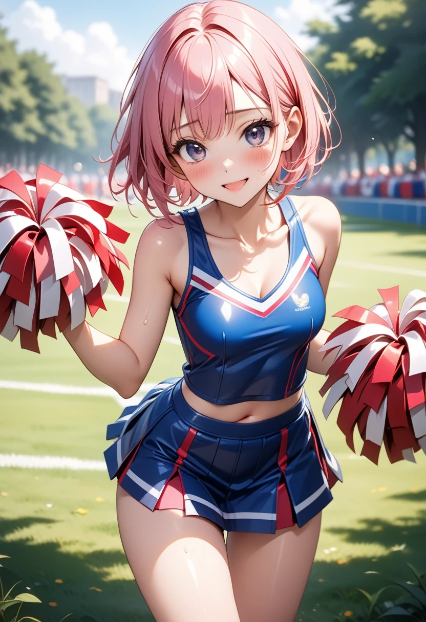 ((cheerleader)), ((The costume is very shiny)), skinny, solo, 1 woman, Masterpiece, highest quality, highest quality, 16K, incredibly absurd, highly detailed, 2.5D, ai-generated, delicate and dynamic, very delicate facial expressions, delicate eye depiction, erotic, only sexy woman, ((A cute and kind face)), healthy figure, ((25-year-old woman)), 160cm tall, medium firm swaying bust, (short hair), (pink hair:1.5), bob cut, black eye, blush, Sweat,Embarrassed,sexy, ((thin thighs)), (camel toe:0.8), (Erect nipples:0.7), ((shiny and lustrous)), facing straight at viewer, smile, cowboy shot, Large park, daytime, bright, on the grass,