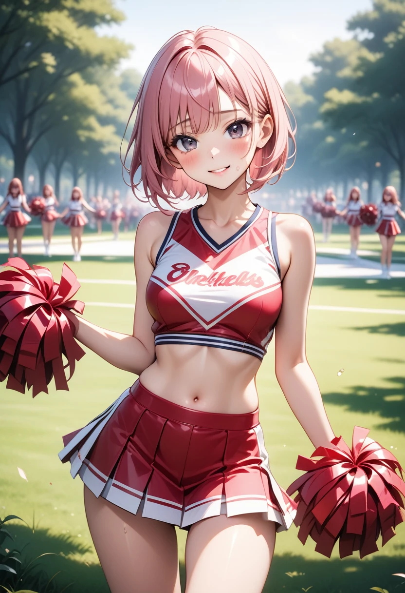 ((cheerleader)), ((The costume is very shiny)),  skinny, solo, 1 woman, Masterpiece, highest quality, highest quality, 16K, incredibly absurd, highly detailed, 2.5D, ai-generated, delicate and dynamic, very delicate facial expressions, delicate eye depiction, erotic, only sexy woman, ((A cute and kind face)), healthy figure, ((25-year-old woman)), 160cm tall, medium firm swaying bust, (short hair), (pink hair:1.5), bob cut, black eye, blush, Sweat,Embarrassed,sexy, ((thin thighs)), (camel toe:0.8), (Erect nipples:0.7), ((shiny and lustrous)), facing straight at viewer, smile, cowboy shot, Large park, daytime, bright, on the grass,