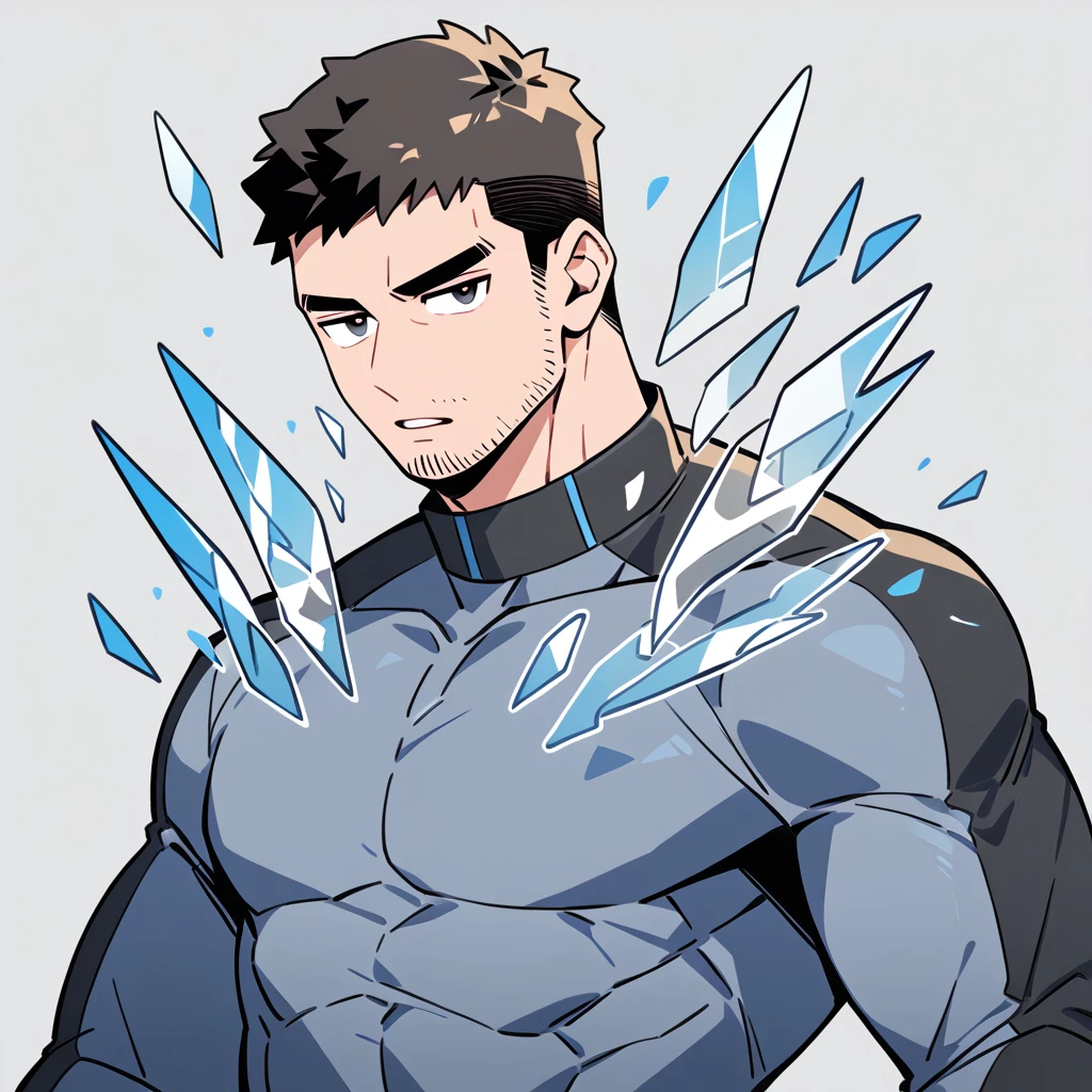 anime characters：Chris Redfield, Muscle Sports Student, Buzz Cut, Manliness, male focus, Dark black high collar long sleeve tight T-shirt, Slightly transparent material, Very tight, Round, full and perky chest muscles, muscular male, muscular, only, Upper body, alone, Black short hair, Thick eyebrows, stubble, Brown-red pupils, Grey background, simple background, amazing quality, best aesthetics, Ridiculous, crew cut, parted lips, v-shaped eyebrows, jitome, best quality