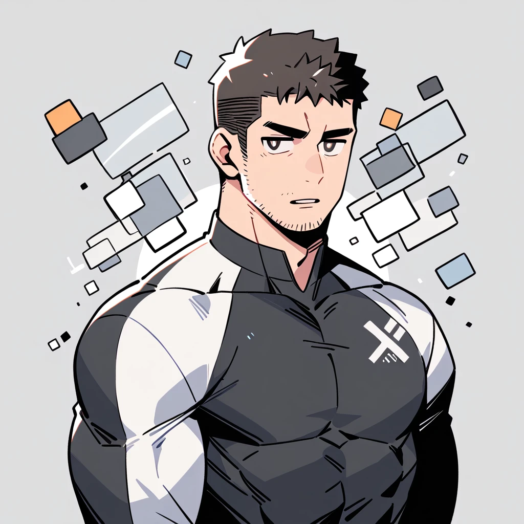 anime characters:Chris Redfield, Muscle Sports Student, Buzz Cut, Manliness, male focus, Dark black high collar long sleeve tight T-shirt, Slightly transparent material, Very tight, Round, full and perky chest muscles, muscular male, muscular, only, Upper body, alone, Black short hair, Thick eyebrows, stubble, Brown-red pupils, Grey background, simple background, amazing quality, best aesthetics, Ridiculous, crew cut, parted lips, v-shaped eyebrows, jitome, best quality