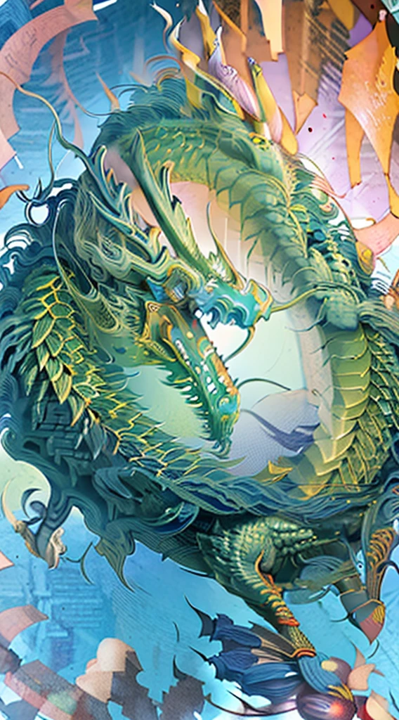 Official Art, Unified 8K Wallpapers, Ultra Detailed, Beautiful and Aesthetic, Masterpiece, Best Quality, (Zentangle, Tangle, Entangle), (fractal art: 1.4), (character center: 1.3), 1girl, black hair, Chinese, off-the-shoulders, short skirt, calf, navel, very detailed, dynamic angle, cowboyshot, (most beautiful form of chaos), ethereal, (bright colors), oc, (half: 1.2), china, (thangka flying sky: 1.5), (ribbon: 1.3), (dream: 1.5), (hanfu: 1.5), Chinese dragon, Chinese phoenix, (smile: 0.5), ( Chinese deities),