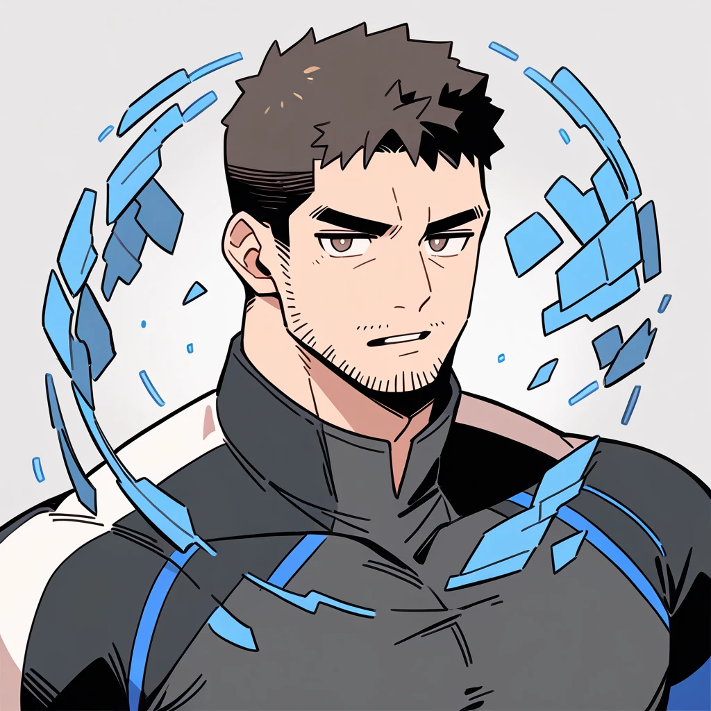anime characters:Chris Redfield, Muscle Sports Student, Buzz Cut, Manliness, male focus, Dark black high collar long sleeve tight T-shirt, Slightly transparent material, Very tight, Round, full and perky chest muscles, muscular male, muscular, only, Upper body, alone, Black short hair, Thick eyebrows, stubble, Brown-red pupils, Grey background, simple background, amazing quality, best aesthetics, Ridiculous, crew cut, parted lips, v-shaped eyebrows, jitome, best quality