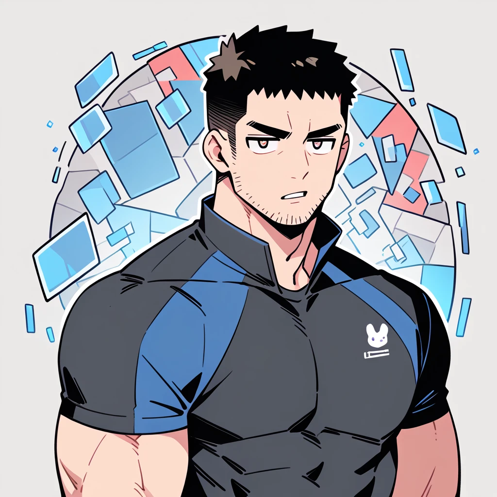 anime characters：Chris Redfield, Muscle Sports Student, Buzz Cut, Manliness, male focus, Dark black high collar long sleeve tight T-shirt, Slightly transparent material, Very tight, Round, full and perky chest muscles, muscular male, muscular, only, Upper body, alone, Black short hair, Thick eyebrows, stubble, Brown-red pupils, Grey background, simple background, amazing quality, best aesthetics, Ridiculous, crew cut, parted lips, v-shaped eyebrows, jitome, best quality