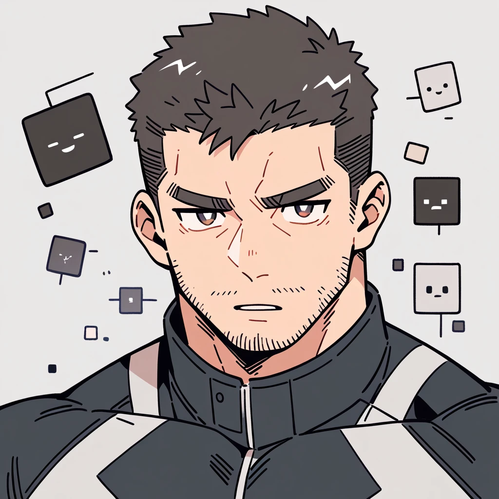 anime characters：Chris Redfield, Muscle Sports Student, Buzz Cut, Manliness, male focus, Dark black high collar long sleeve tight T-shirt, Slightly transparent material, Very tight, Round, full and perky chest muscles, muscular male, muscular, only, Upper body, alone, Black short hair, Thick eyebrows, stubble, Brown-red pupils, Grey background, simple background, amazing quality, best aesthetics, Ridiculous, crew cut, parted lips, v-shaped eyebrows, jitome, best quality