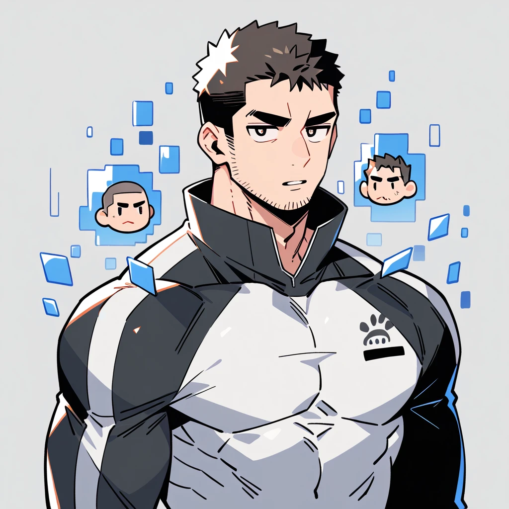 anime characters:Chris Redfield, Muscle Sports Student, Buzz Cut, Manliness, male focus, Dark black high collar long sleeve tight T-shirt, Slightly transparent material, Very tight, Round, full and perky chest muscles, muscular male, muscular, only, Upper body, alone, Black short hair, Thick eyebrows, stubble, Brown-red pupils, Grey background, simple background, amazing quality, best aesthetics, Ridiculous, crew cut, parted lips, v-shaped eyebrows, jitome, best quality