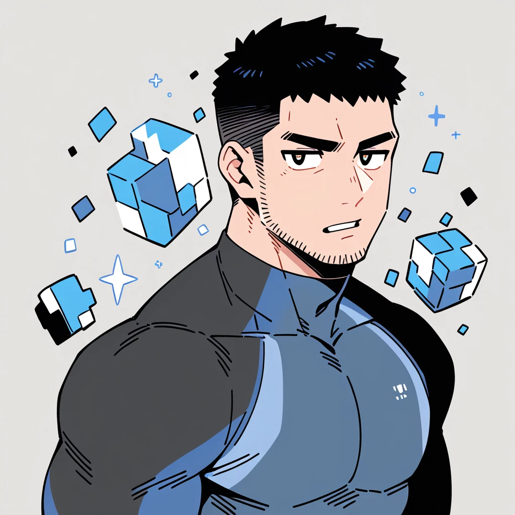 anime characters：Chris Redfield, Muscle Sports Student, Buzz Cut, Manliness, male focus, Dark black high collar long sleeve tight T-shirt, Slightly transparent material, Very tight, Round, full and perky chest muscles, muscular male, muscular, only, Upper body, alone, Black short hair, Thick eyebrows, stubble, Brown-red pupils, Grey background, simple background, amazing quality, best aesthetics, Ridiculous, crew cut, parted lips, v-shaped eyebrows, jitome, best quality