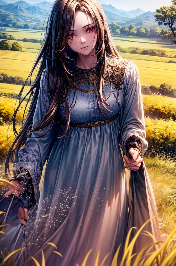 a man walking through a beautiful landscape, red eyes, long hair, detailed portrait, cinematic lighting, dramatic atmosphere, highly detailed, photorealistic, masterpiece, high resolution, 8k, vibrant colors, natural lighting, mist, fog, rolling hills, lush vegetation, serene pond, dramatic sky, golden hour, realistic textures, intricate details