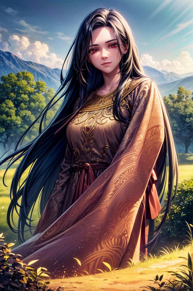 a man walking through a beautiful landscape, red eyes, long hair, detailed portrait, cinematic lighting, dramatic atmosphere, highly detailed, photorealistic, masterpiece, high resolution, 8k, vibrant colors, natural lighting, mist, fog, rolling hills, lush vegetation, serene pond, dramatic sky, golden hour, realistic textures, intricate details