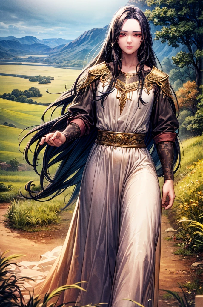 a man walking through a beautiful landscape, red eyes, long hair, detailed portrait, cinematic lighting, dramatic atmosphere, highly detailed, photorealistic, masterpiece, high resolution, 8k, vibrant colors, natural lighting, mist, fog, rolling hills, lush vegetation, serene pond, dramatic sky, golden hour, realistic textures, intricate details