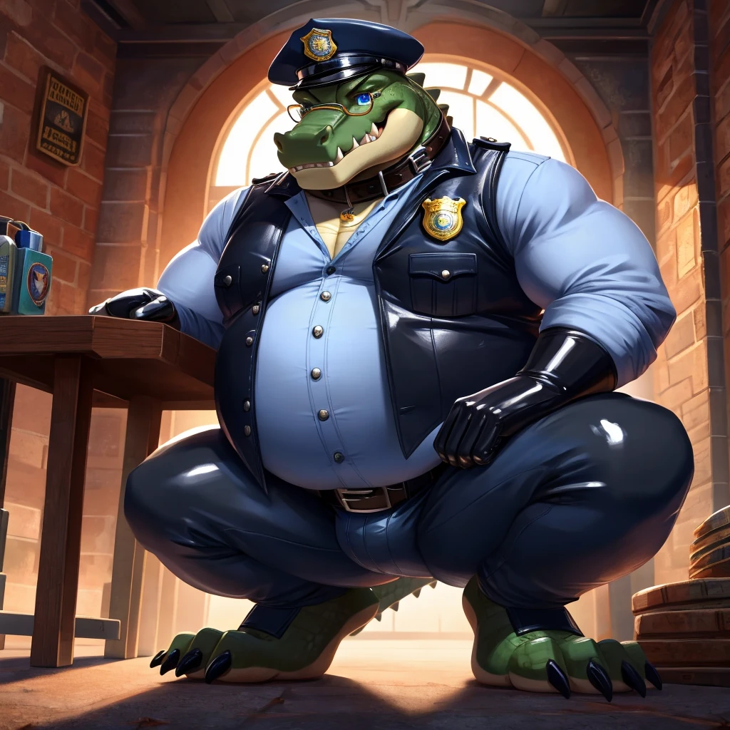 Solo, Male, fat, squatting, extremely obese, gentleman, dapper Crocodile, blue eyes, (soft shading), 4k, hi res, ((detailed face, detailed)), looking at viewer, evil grin, police station, collared shirt with buttons, hat, male focus, Police Uniform, glasses, monocle, vest with buttons, sleeves rolled up, round eyewear, headwear, vest, Crocodile is wearing a glossy leather dog collar around the neck, Crocodile is wearing the leather collar and shirt and vest at the same time, Crocodile is wearing glossy white rubber gloves on the hands, wearing white rubber gloves on the feet, gloves are rubber in texture, clenching teeth, clenching fists, leather collar is glossy and shiny with a lot of detail, Crocodile is wearing gloves and leather collar at the same time, leather collar has a round dog-tag, leather collar is thick and detailed, white rubber gloves on the feet.