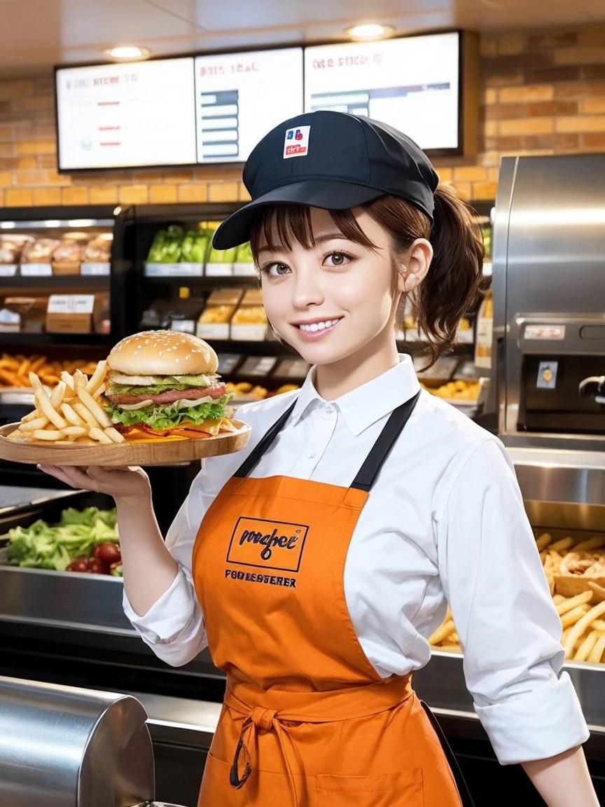 (Ultra-high resolution), (masterpiece), (Attention to detail), (high quality), (最high quality), ((Upper Body Shot)) , One Girl, Orange Hair, Hazel brown eyes, short hair, ponytail, Female fast food clerk, Red Uniform, cap, apron, Behind the counter, smile, Colorful background, Menu Signage, cash register, Flyer, Hamburger and french fries on a tray, Clean and bright interior