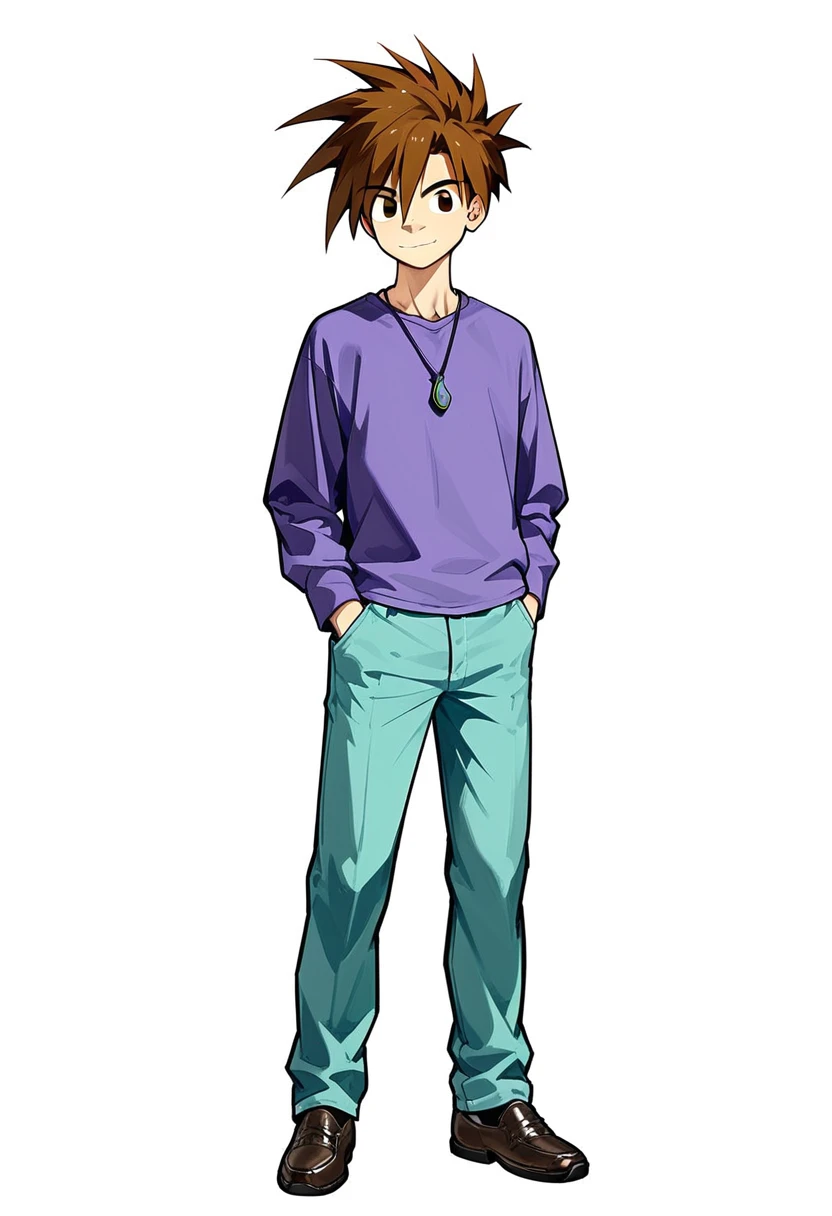Score_9, Score_8_Up, Score_7_Up, Score_6_Up, Source_Anime, Gary Oak, Kanto Outfit, Pants, Purple Shirt, Looking at Viewer, Full Body, Pendant,smile
