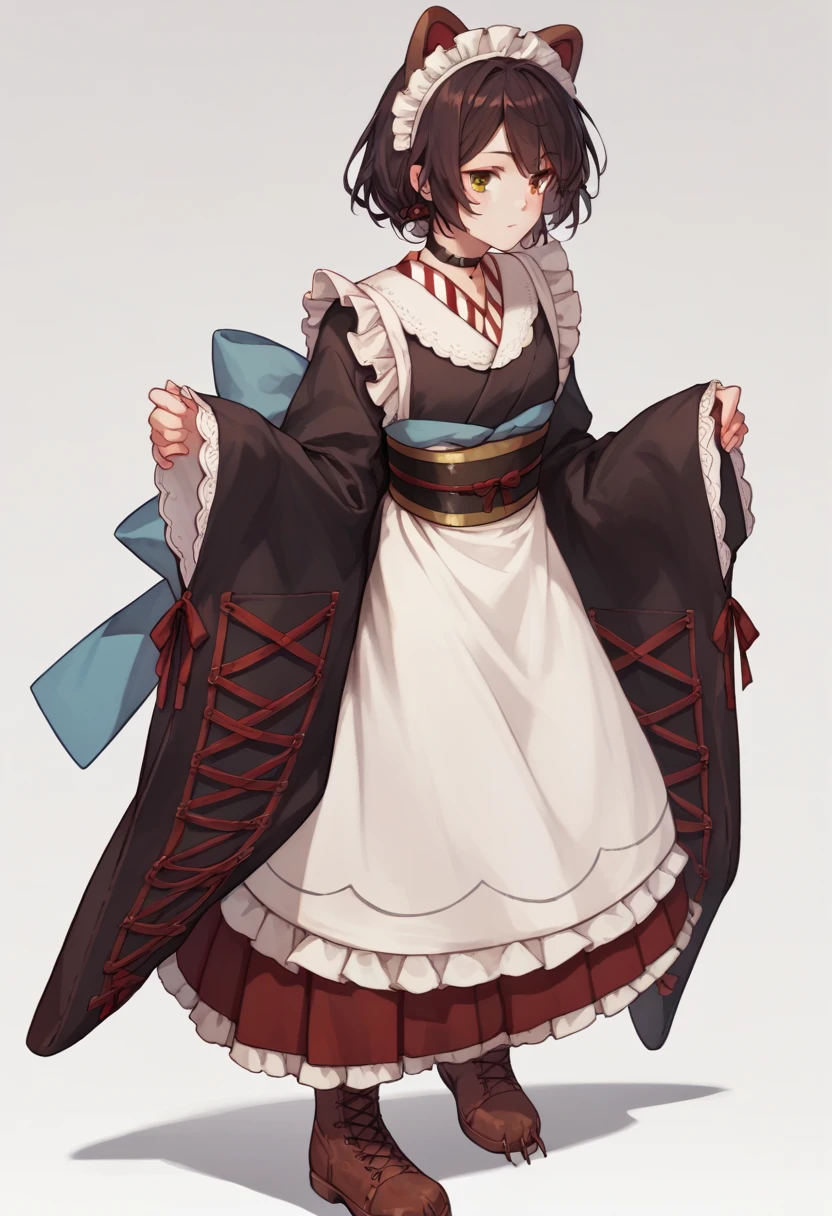 choker, maid headdress, black kimono, wide sleeves, frills, obi, white apron, sleeves past wrists, skirt, red skirt, brown footwear, cross-laced footwear