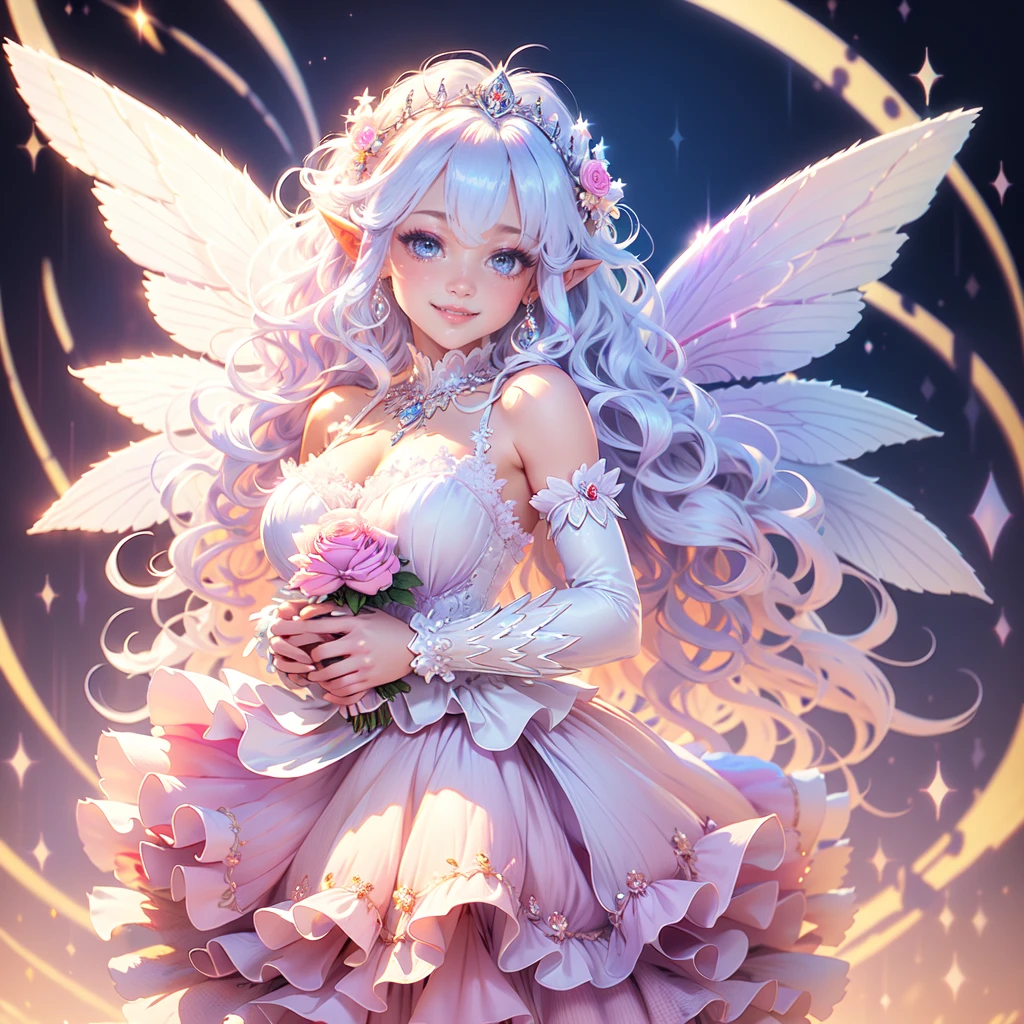 masterpiece,best quality, insanely detailed, beautiful, exquisite, 16K, Full-HD, absurdres,whitebackground,((upper body,half body photo)),((smile,Happy:1.5)),((Sparkling fluffy layered ball gown)), (Grasp the hem of your dress and bow slightly),lots of flowers,((Surrounded by roses)),ruffles and rhinestones, ( table top, art station, fantasy art:1.2), Standing with an elegant smile,pastel colour,((giant white fairy wings))、white skin,gradient hair, pink hair, hair in the wind, wavy hair,fluffy hair,tiara,lavender eyes, long eyelashes, beautiful eyes、light pink cheek,pointy ears, bright pupils,shining light, warm lighting,