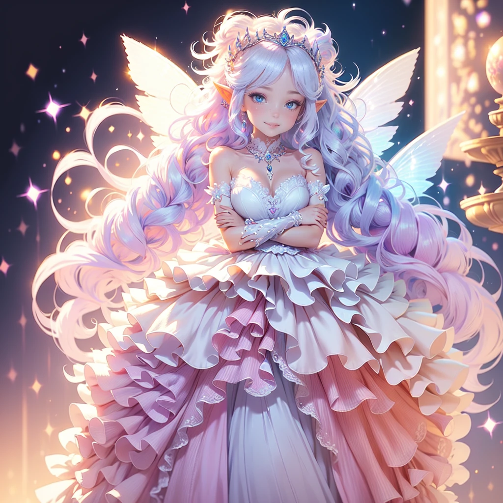 masterpiece,best quality, insanely detailed, beautiful, exquisite, 16K, Full-HD, absurdres,whitebackground,((upper body,half body photo)),((smile,Happy:1.5)),((Sparkling fluffy layered ball gown)), (Grasp the hem of your dress and bow slightly),lots of flowers,((Surrounded by roses)),ruffles and rhinestones, ( table top, art station, fantasy art:1.2), Standing with an elegant smile,pastel colour,((giant white fairy wings))、white skin,gradient hair, pink hair, hair in the wind, wavy hair,fluffy hair,tiara,lavender eyes, long eyelashes, beautiful eyes、light pink cheek,pointy ears, bright pupils,shining light, warm lighting,