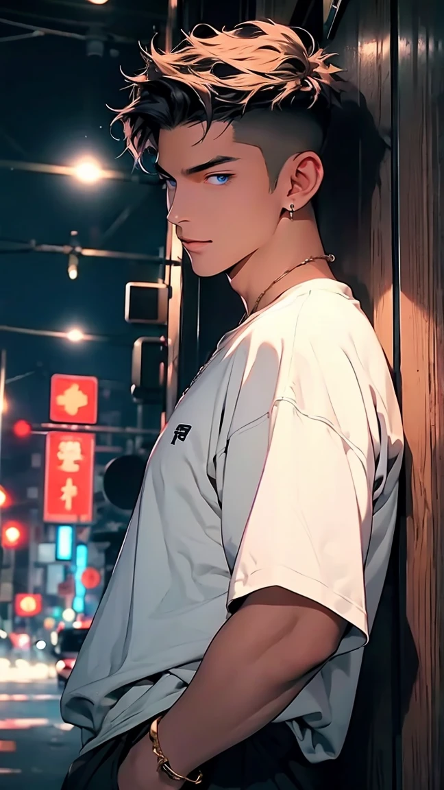 highest quality, 8K, high resolution image, anime style Jujutsu Kaisen, detailed strokes, slightly tanned skin, blurry, smile, purple light reflecting from it, (close angle), 1 man, young, male, model, cool guy, muscular, blue Eyes, brown very short hair, brown hair, short hair, hairstyle: undercut, hair slicked back, swollen chest, he is wearing a T-shirt under a jacket and sweatpants, hand in trouser pocket, gold link chain, background: city, Tokyo, business district