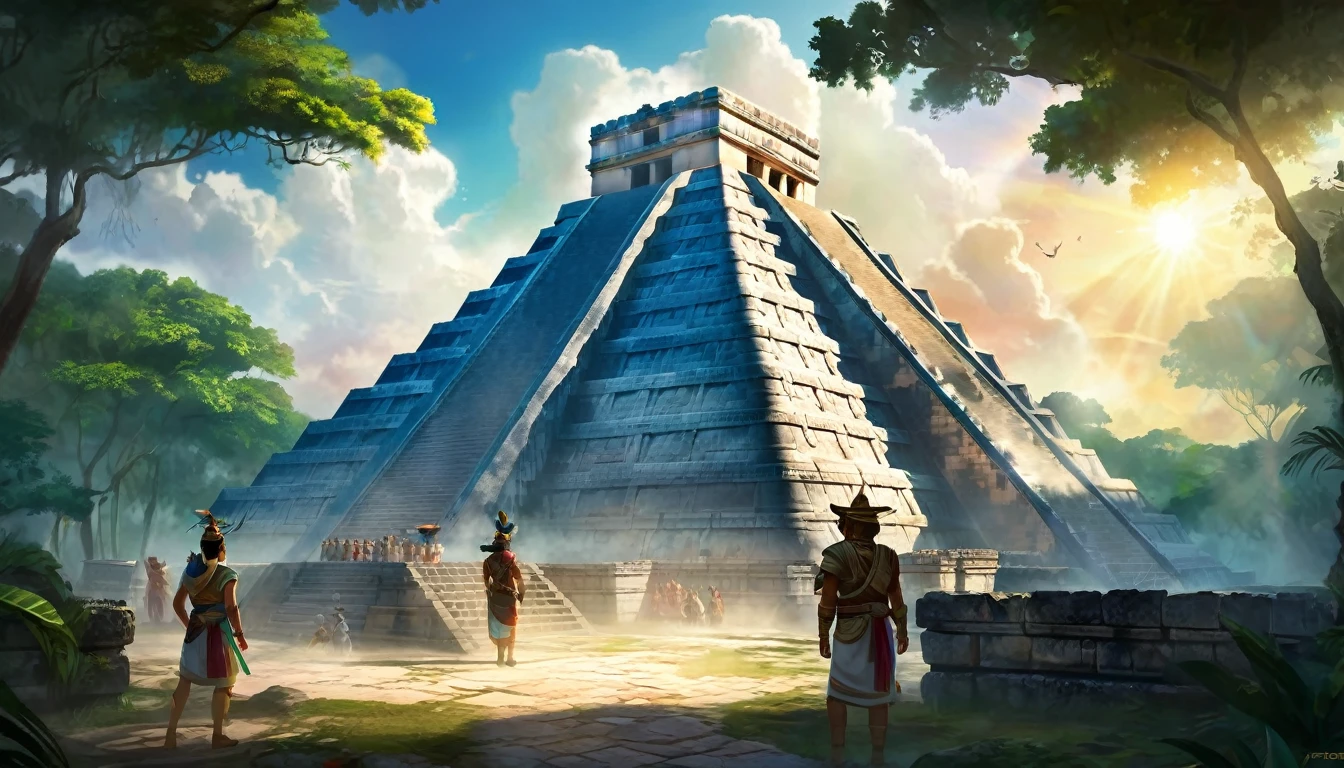 The Lost City of Chichen Itza is the heart of the ancient Mayan civilization, hidden in the dense jungle. Players will enter the world, where every corner is imbued with history and myths. In the center of the city rises the majestic Pyramid of Kukulcan, surrounded by temples and palaces, decorated with carvings and frescoes, telling about the exploits of gods and heroes, digital painting, location, location из игры, большая location, glowing effects in the background, fog in the foreground with glow effects, colorful, cute style, anime style, огромная игровая location, shimmering treasures, attention-grabbing