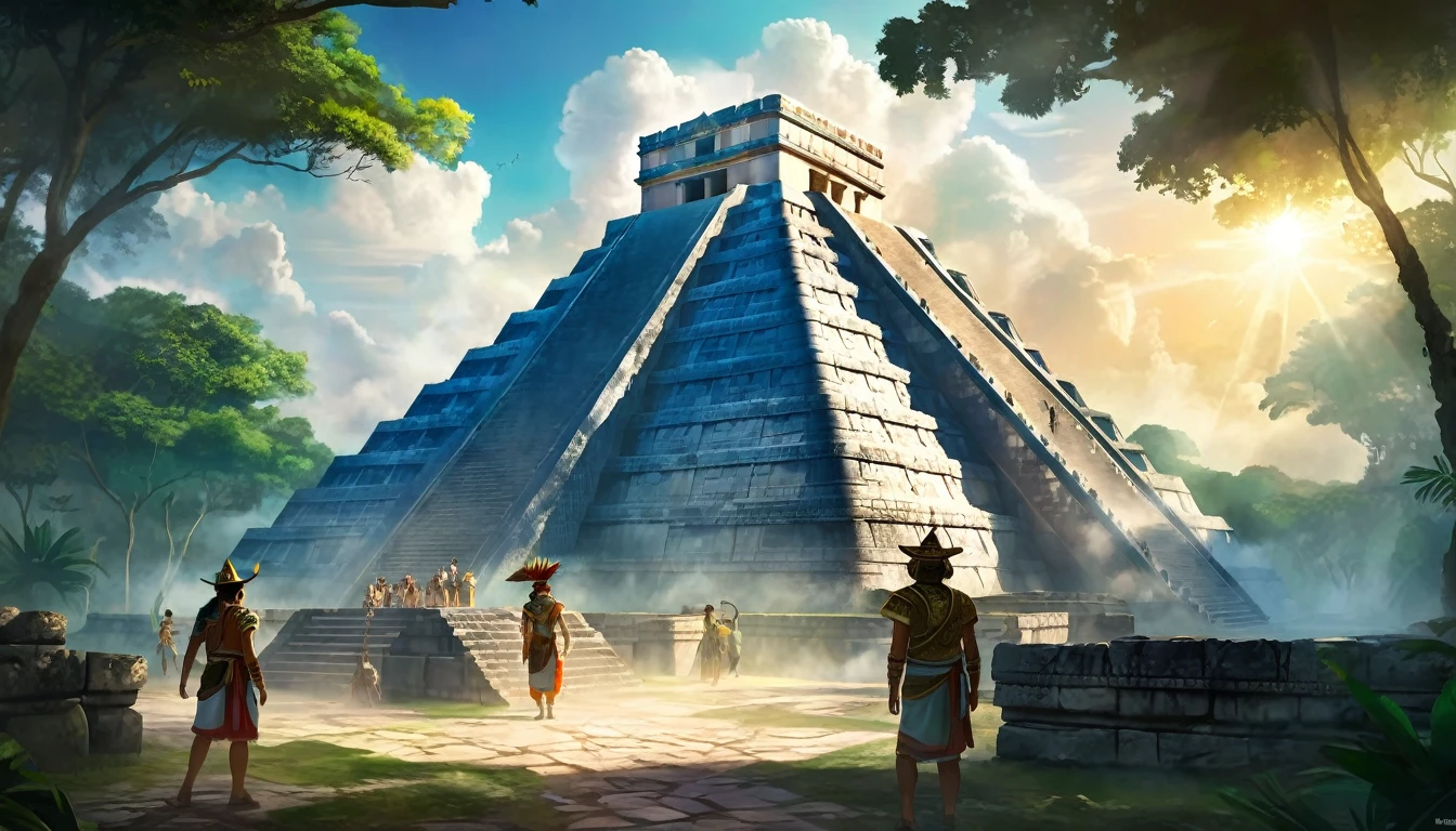 The Lost City of Chichen Itza is the heart of the ancient Mayan civilization, hidden in the dense jungle. Players will enter the world, where every corner is imbued with history and myths. In the center of the city rises the majestic Pyramid of Kukulcan, surrounded by temples and palaces, decorated with carvings and frescoes, telling about the exploits of gods and heroes, digital painting, location, location из игры, большая location, glowing effects in the background, fog in the foreground with glow effects, colorful, cute style, anime style, огромная игровая location, shimmering treasures, attention-grabbing