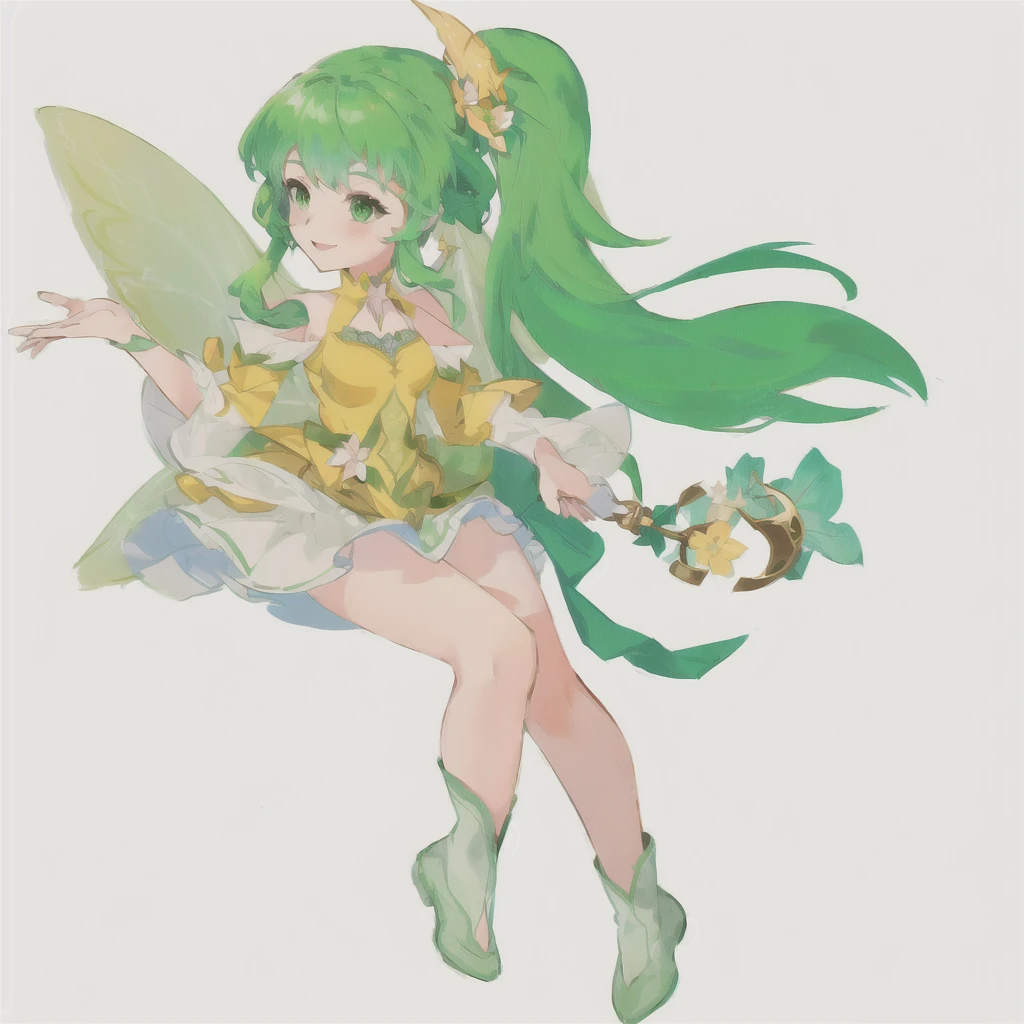 a beautiful anime girl with green hair and green wings holding a flower, fantasy character, maple story character art, official art, fairy woman wearing a flower suit, lady powder, smiling like a fairy, official artwork, powder, fairy, official character art, fairy, fairy rie, fairy girl, fairy art, fairy lady