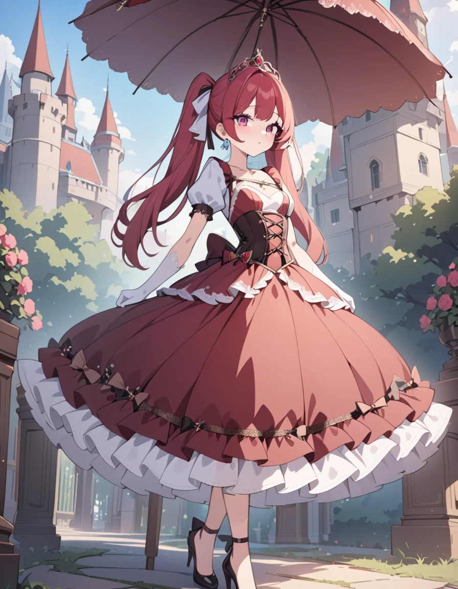 (best quality,4k,8k,highres,masterpiece:1.2),ultra-detailed, Pretty 15 years old princess, drawn in anime style, is cute and joyful, long red pigtails hair, pink eyes, small breast, lipstick, makeup, pink eyeshadow, long eyelashes, dainty and delicate body, steampunk, red princess gown with puffy sleeves, Dominant shades of red, physically-based rendering,gorgeous dress design,flowing gown,elaborate lace details,rich textures,contrast stitching,delicate ribbon bows,floral accents,long maxi skirt,short sleeves,fitted waistline,lace-up back,luxurious fabrics,flawless silhouette, petticoat, bustle, corset, hair ribbons, white elbow gloves, ruby earrings and necklace, gold tiara, high heels, holding a lacy umbrella, walking in castle garden, beautiful sunny and cloudy sky. 