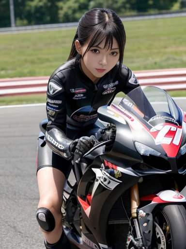  Japanese woman,black hair,27 years old, (slender), (small breasts),best quality, detailed, beautiful, insanely detailed, absurdres,perfect , motoGP, two motorcycles, kawasaki racer replica motorcycles speeding down the highway, (motion blur:1.1),