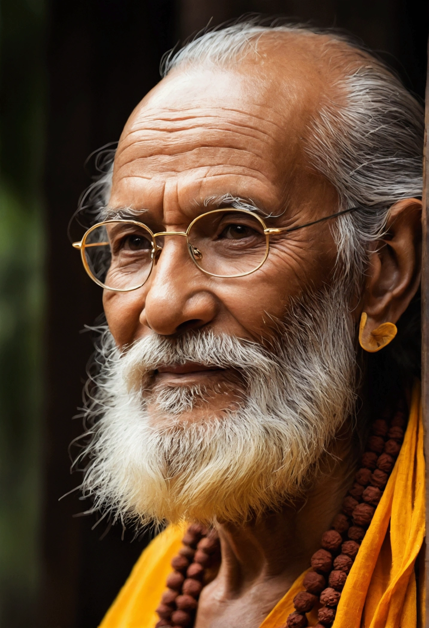 OLD AGE HERMIT
 YELLOW ATTIRE 
WEARING RUDRAKSHA MALA
LITTLE SMILE ON FACE
