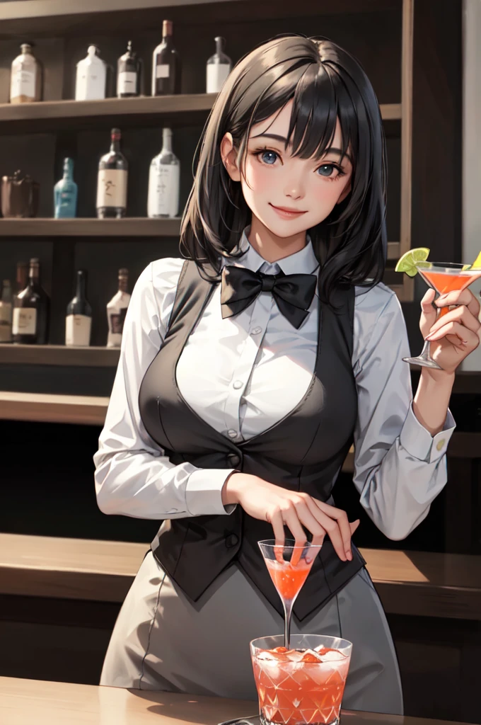 1lady solo standing, bartender /(formal outfit grey vest bowtie/), mature female, /(black hair/) bangs, kind smile, (masterpiece best quality:1.2) delicate illustration ultra-detailed, large breasts BREAK /(bar counter/) /(cocktail glass/) indoors, night, detailed background