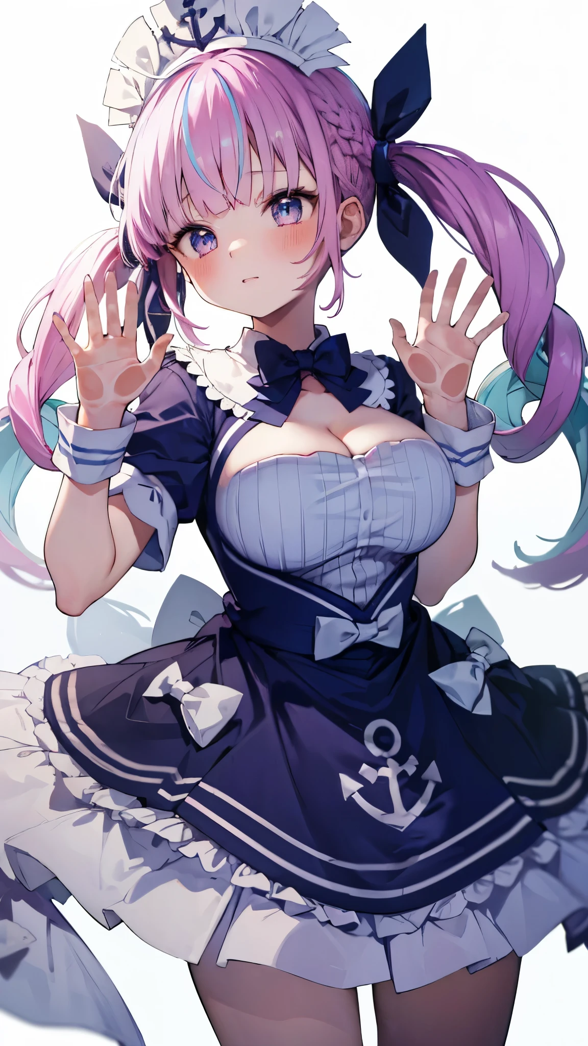 (Ultra-high resolution,masterpiece, Attention to detail, Highest quality), 8K,(aaaqua, twintails, drill hair, maid headdress, cleavage, short sleeves, wrist cuffs),(Blessed,Captivating body、Ultra-detailed skin、Super beautiful eyes、Detailed Background),One girl, (breasts_on_Glass,breast press, against Glass, hands on Glass:1.2),window fog, embarrassed, (white background:1.7), (from front:1.3),Perfect five-finger, big breasts
