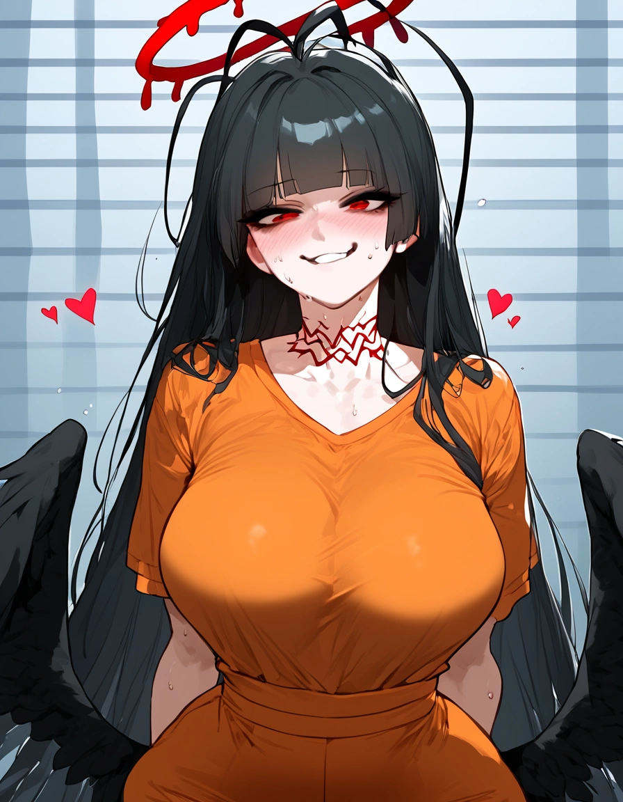 score_9, score_8_up, score_7_up, source_anime, expressive, anime, cartoon, speedlines, dynamic, hearts, 1girl, wide hips, makeup, ,  shirt, skindentation, toned, sweat, orange jumpsuit, prison, smug, , long hair, Tsurugi (black hair, hime cut, antenna hair, long hair, halo, bloody halo, red eyes, eyeshadow, black wings, low wings, wings from lower back, thorny wings, featherless wings, neck tattoo,), , mugshot style, crazy love, tits out of shirt