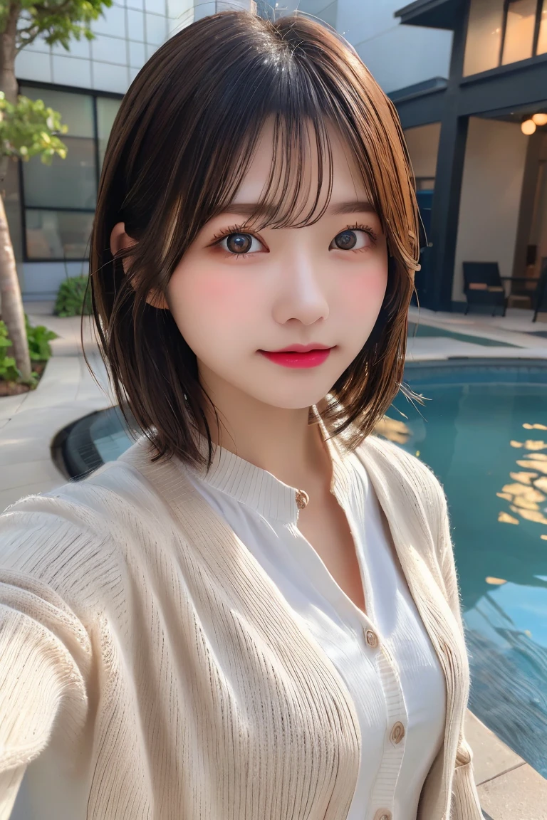Highest quality、（beautiful）、Precision Eyes、Fine skin、Brown eyes、22-year-old female、Brown Hair、looking at the camera、Gal、Semi-short hair、Long sleeve cardigan、Selfie、Removed button、hot spring、Natural color lips
