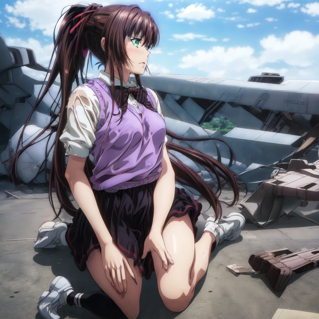 Masterpiece, best quality,1 girl,alone,Kirasaka Sayaka,brown hair,long hair,ponytail, hair ribbon, green eyes,, bow tie,Purple thighs, outdoor,horizon,cityscape,Tokyo \(city\),arms behind back, 