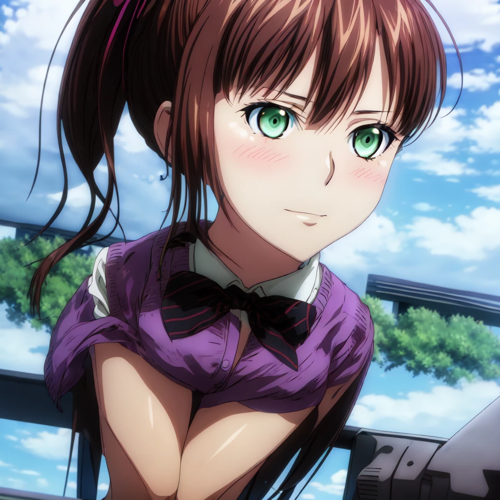 Masterpiece, best quality,1 girl,alone,Kirasaka Sayaka,brown hair,long hair,ponytail, hair ribbon, green eyes,, bow tie,Purple thighs, outdoor,horizon,cityscape,Tokyo \(city\),arms behind back, 