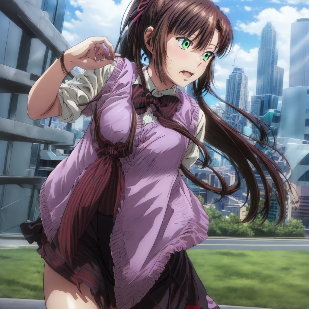 Masterpiece, best quality,1 girl,alone,Kirasaka Sayaka,brown hair,long hair,ponytail, hair ribbon, green eyes,, bow tie,Purple thighs, outdoor,horizon,cityscape,Tokyo \(city\),arms behind back, 