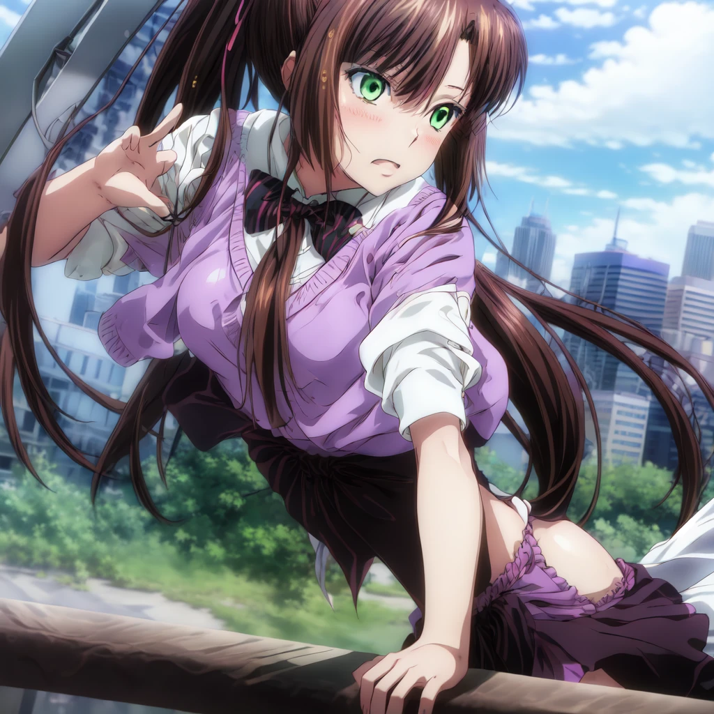 Masterpiece, best quality,1 girl,alone,Kirasaka Sayaka,brown hair,long hair,ponytail, hair ribbon, green eyes,, bow tie,Purple thighs, outdoor,horizon,cityscape,Tokyo \(city\),arms behind back, 