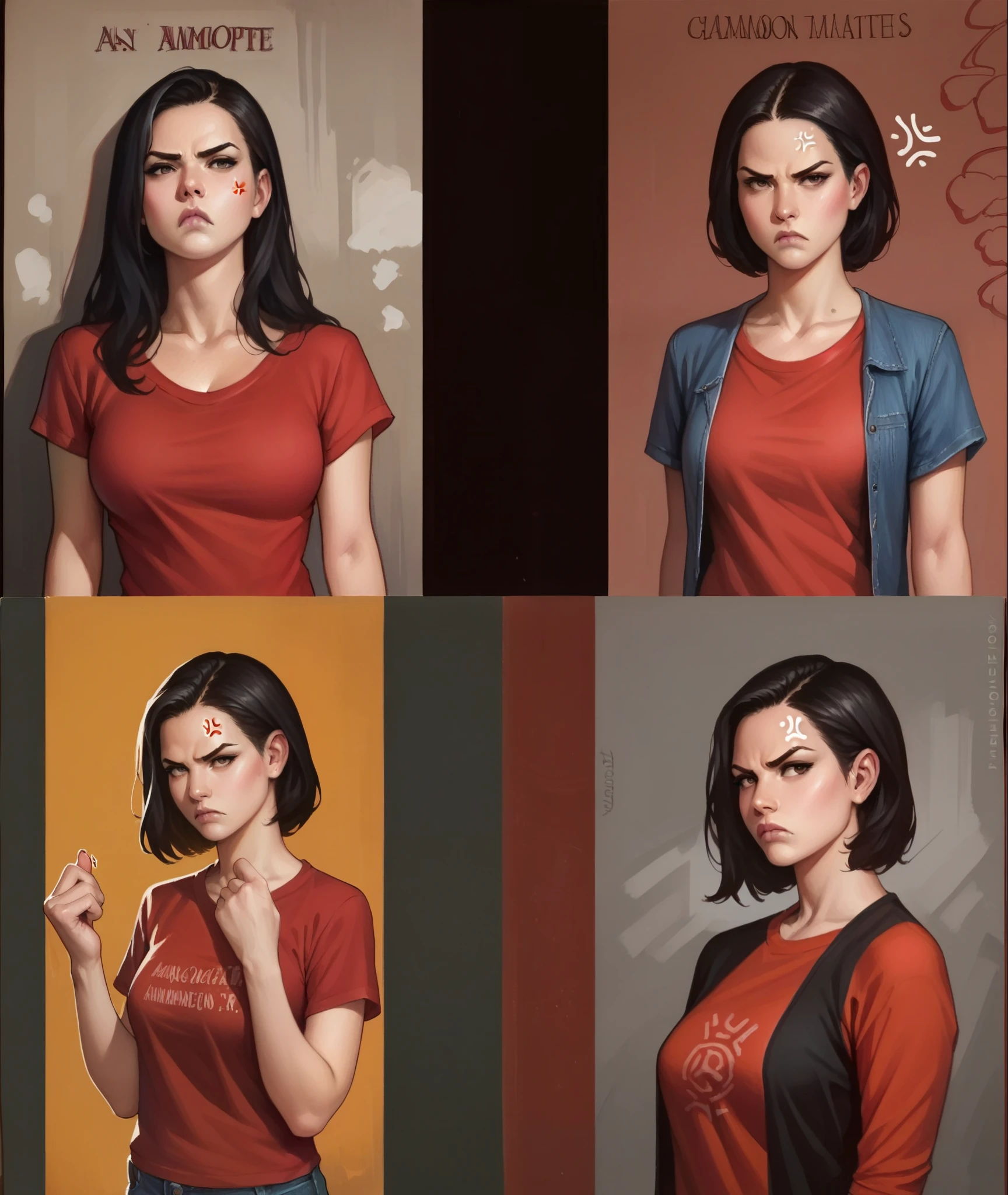 score_9, score_8_up, score_8, rating_safe, traditional art, 1girl, adamhughesstyle, minkostyle, realistic, black hair, loose untucked t-shirt, jeans pants, emotional, anger, frown