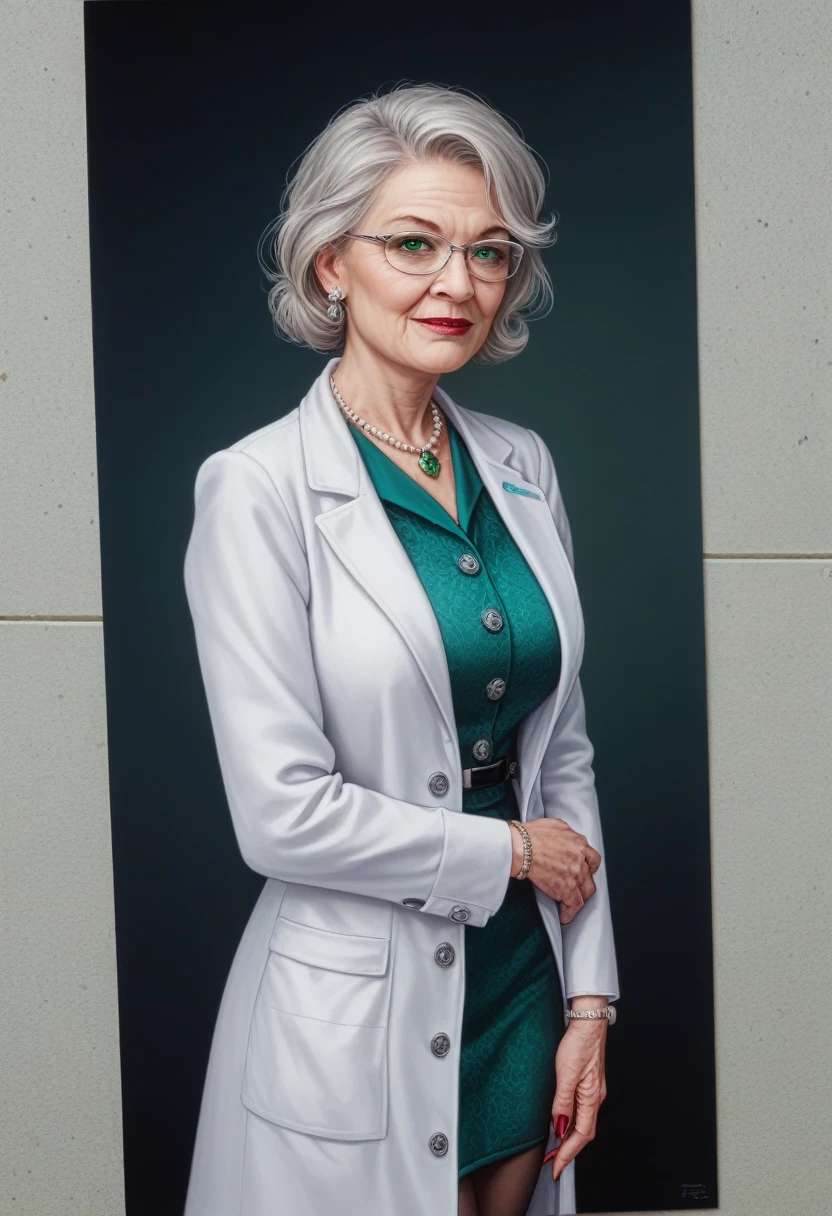 hyperrealistic art cinematic film still lower angle photography in the style of detailed hyperrealism photoshoot . (widehips) Extremely high-resolution details, photographic, realism pushed to extreme, fine texture, incredibly, elderly frail wrinkle woman, short gray hair, ((lab coat with emerald blouse)), in dark laboratory