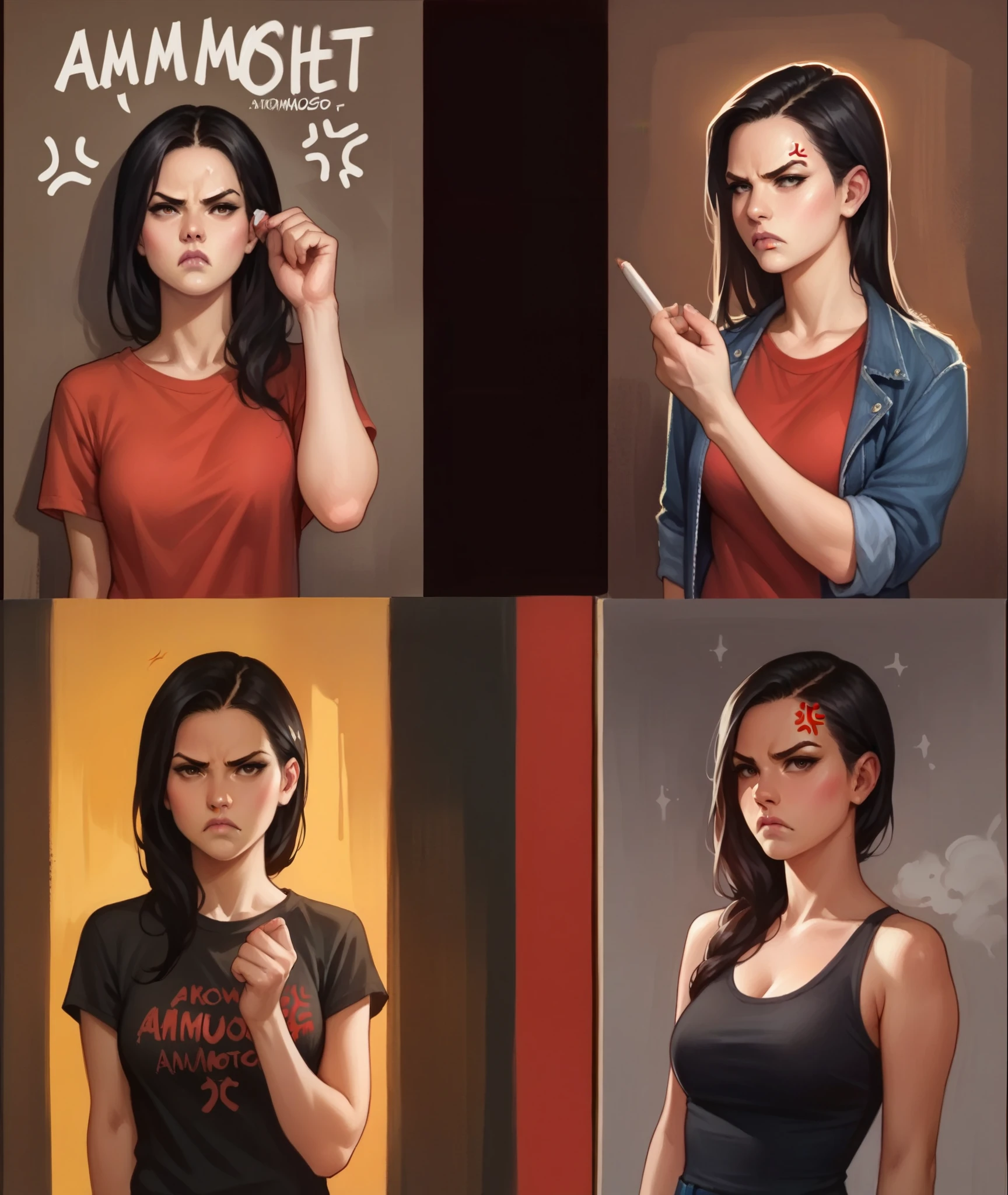 score_9, score_8_up, score_8, rating_safe, traditional art, 1girl, adamhughesstyle, minkostyle, realistic, black hair, loose untucked t-shirt, jeans pants, emotional, anger, frown