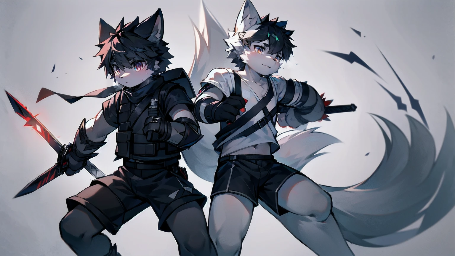 White Wolf,black hair,Red eyes,Wolf ears,Wolf Tail,juvenile,male,hairy,Hair,Half body armor,Combat uniform,Silver and black clothing,Handsome,Handsome,shorts,The forearm is exposed,leg,Fighting Stance,Duel,Two people,Anxious,Armed with a sword,Simple background,Swords