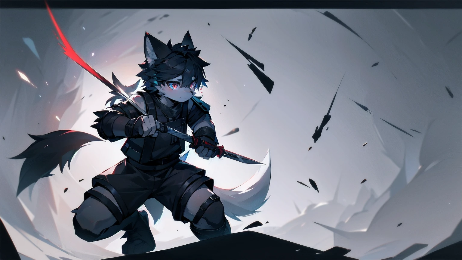 White Wolf,black hair,Red eyes,Wolf ears,Wolf Tail,juvenile,male,hairy,Hair,Half body armor,Combat uniform,Silver and black clothing,Handsome,Handsome,shorts,The forearm is exposed,leg,Fighting Stance,Duel,Two people,Anxious,Armed with a sword,Simple background,Swords
