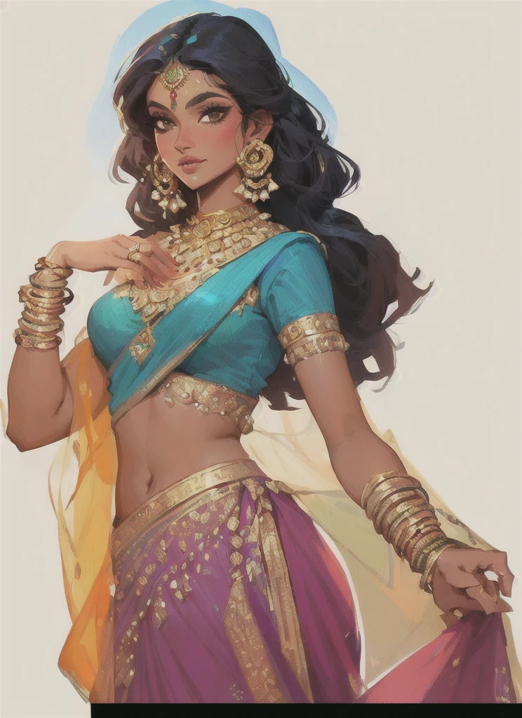 a close up of a woman in a sari and jewelry, indian goddess, beautiful character painting, gorgeous woman, a beautiful artwork illustration, indian, indian girl with brown skin, beautiful digital illustration, stunning character art, stunning digital illustration, beautiful goddess, style artgerm, stunning woman, in style of artgerm, beautiful genie girl, dressed in a sari