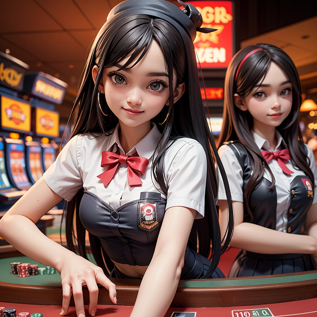 ((best quality)), ((masterpiece)), (detailed), happy and smile, {{indonesian girl}}, {wearing high school uniform}, teasing and waiting customer play, standing, playing in casino, red casino background, polite and kind, Sweet Face, roulette table, poker table, big slot machines right and left, win jackpot, {{no headwear, no hat}}, private casino, crowded gambling area in background, so crowded, so many people, las vegas, american, illusions, halloween casino, dont wear hat, no headwear, no hat, together with thailand and vietnam girl,