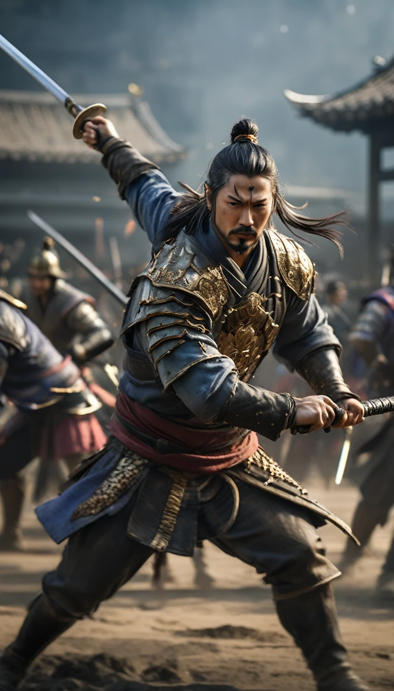 Hanzo Hatori leading a charge in a chaotic Sengoku-era battle., hyper realistic, ultra detailed hyper realistic, photorealistic, Studio Lighting, wearing a gold crown, reflections, dynamic pose, Cinematic, Color Grading, Photography, Shot on 50mm lens, Ultra-Wide Angle, Depth of Field, hyper-detailed, beautifully color, 8k